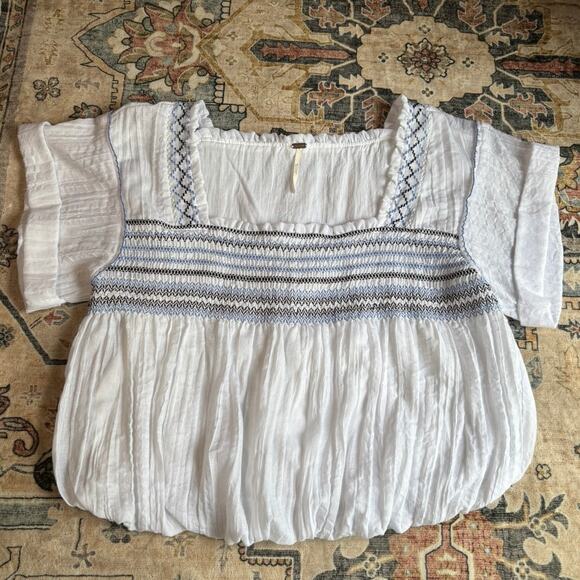 Free People Skies Squareneck Embroidered Cottage Blouse White Cotton Blend Large - Picture 1 of 8